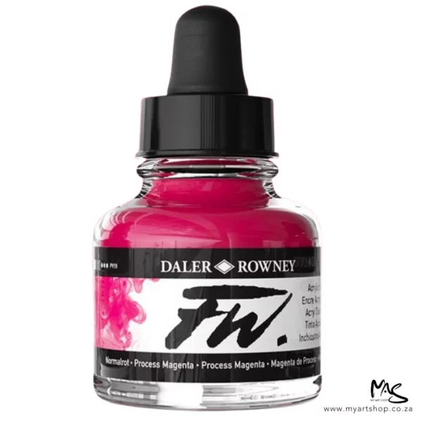 A single bottle of Process Magenta Daler Rowney FW Acrylic Ink can be seen in the center of the frame. The bottle is a clear glass and has a white label around the body of the bottle with black text. The text describes the colour of the ink and there is the brand name and fw logo on the label. The bottle has a black, plastic eye dropper lid. The image is on a white background.