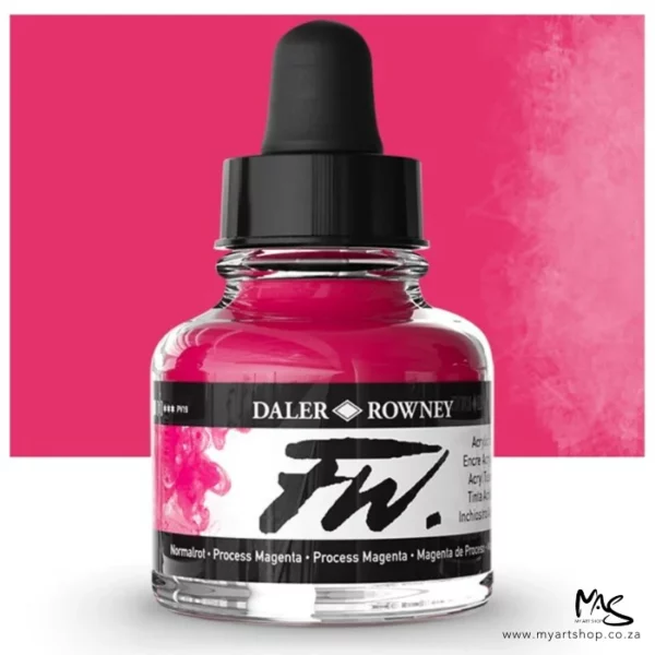 A single bottle of Process Magenta Daler Rowney FW Acrylic Ink can be seen in the center of the frame. The bottle is a clear glass and has a white label around the body of the bottle with black text. The text describes the colour of the ink and there is the brand name and fw logo on the label. The bottle has a black, plastic eye dropper lid. There is a colour block rectangle in the background, behind the bottle, which shows the colour of the ink. There is a slight shadow at the base of the bottle.
