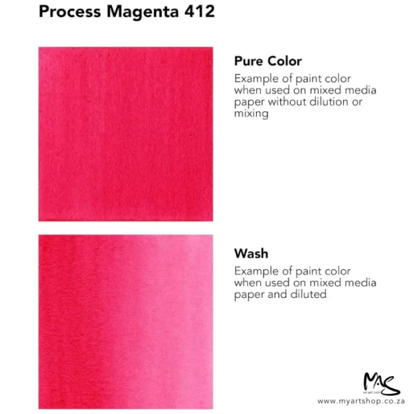 A colour chart for Process Magenta Daler Rowney FW Acrylic Ink. There are two colour block squares along the left hand side of the frame with text to the right of each square. The name of the colour is shown at the top of the frame. On a white background.