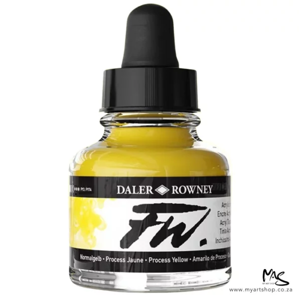 A single bottle of Process Yellow Daler Rowney FW Acrylic Ink can be seen in the center of the frame. The bottle is a clear glass and has a white label around the body of the bottle with black text. The text describes the colour of the ink and there is the brand name and fw logo on the label. The bottle has a black, plastic eye dropper lid. The image is on a white background.