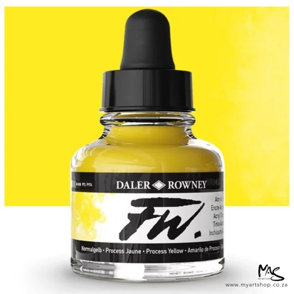 A single bottle of Process Yellow Daler Rowney FW Acrylic Ink can be seen in the center of the frame. The bottle is a clear glass and has a white label around the body of the bottle with black text. The text describes the colour of the ink and there is the brand name and fw logo on the label. The bottle has a black, plastic eye dropper lid. There is a colour block rectangle in the background, behind the bottle, which shows the colour of the ink. There is a slight shadow at the base of the bottle.