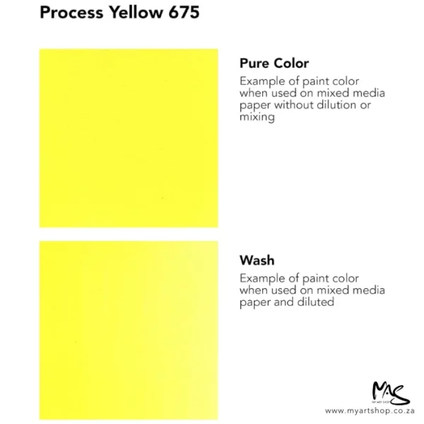 A colour chart for Process Yellow Daler Rowney FW Acrylic Ink. There are two colour block squares along the left hand side of the frame with text to the right of each square. The name of the colour is shown at the top of the frame. On a white background.