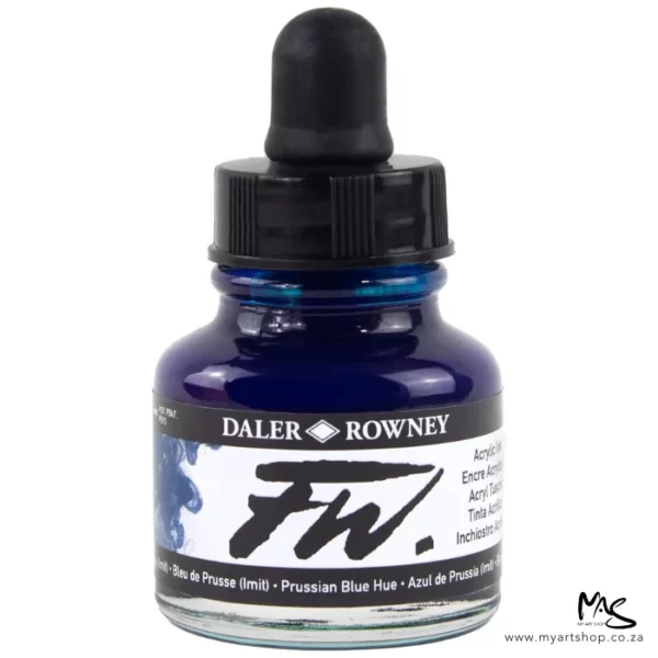 A single bottle of Prussian Blue Daler Rowney FW Acrylic Ink can be seen in the center of the frame. The bottle is a clear glass and has a white label around the body of the bottle with black text. The text describes the colour of the ink and there is the brand name and fw logo on the label. The bottle has a black, plastic eye dropper lid. The image is on a white background.