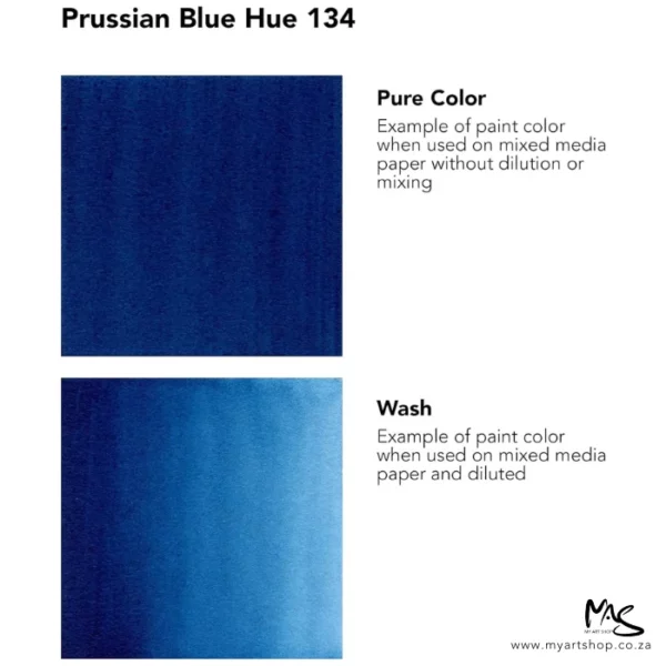 A colour chart for Prussian Blue Daler Rowney FW Acrylic Ink. There are two colour block squares along the left hand side of the frame with text to the right of each square. The name of the colour is shown at the top of the frame. On a white background.