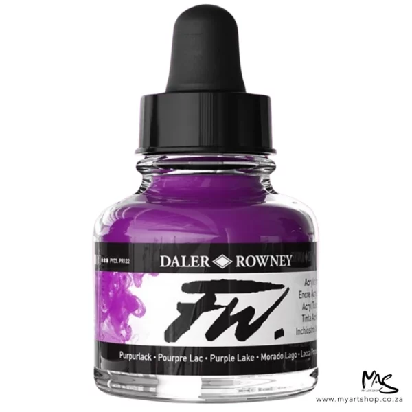 A single bottle of Purple Lake Daler Rowney FW Acrylic Ink can be seen in the center of the frame. The bottle is a clear glass and has a white label around the body of the bottle with black text. The text describes the colour of the ink and there is the brand name and fw logo on the label. The bottle has a black, plastic eye dropper lid. The image is on a white background.
