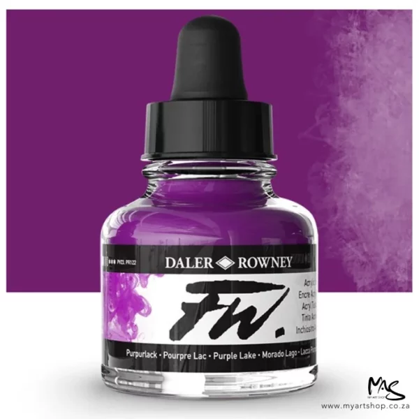 A single bottle of Purple Lake Daler Rowney FW Acrylic Ink can be seen in the center of the frame. The bottle is a clear glass and has a white label around the body of the bottle with black text. The text describes the colour of the ink and there is the brand name and fw logo on the label. The bottle has a black, plastic eye dropper lid. There is a colour block rectangle in the background, behind the bottle, which shows the colour of the ink. There is a slight shadow at the base of the bottle.