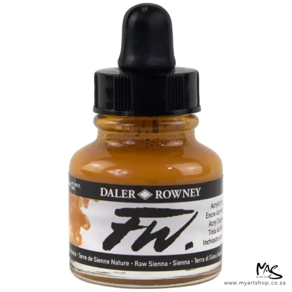 A single bottle of Raw Sienna Daler Rowney FW Acrylic Ink can be seen in the center of the frame. The bottle is a clear glass and has a white label around the body of the bottle with black text. The text describes the colour of the ink and there is the brand name and fw logo on the label. The bottle has a black, plastic eye dropper lid. The image is on a white background.