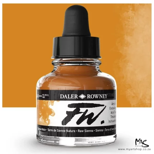 A single bottle of Raw Sienna Daler Rowney FW Acrylic Ink can be seen in the center of the frame. The bottle is a clear glass and has a white label around the body of the bottle with black text. The text describes the colour of the ink and there is the brand name and fw logo on the label. The bottle has a black, plastic eye dropper lid. There is a colour block rectangle in the background, behind the bottle, which shows the colour of the ink. There is a slight shadow at the base of the bottle.