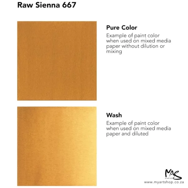 A colour chart for Raw Sienna Daler Rowney FW Acrylic Ink. There are two colour block squares along the left hand side of the frame with text to the right of each square. The name of the colour is shown at the top of the frame. On a white background.