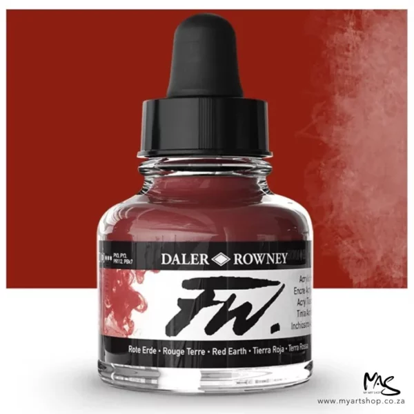 A single bottle of Red Earth Daler Rowney FW Acrylic Ink can be seen in the center of the frame. The bottle is a clear glass and has a white label around the body of the bottle with black text. The text describes the colour of the ink and there is the brand name and fw logo on the label. The bottle has a black, plastic eye dropper lid. There is a colour block rectangle in the background, behind the bottle, which shows the colour of the ink. There is a slight shadow at the base of the bottle.