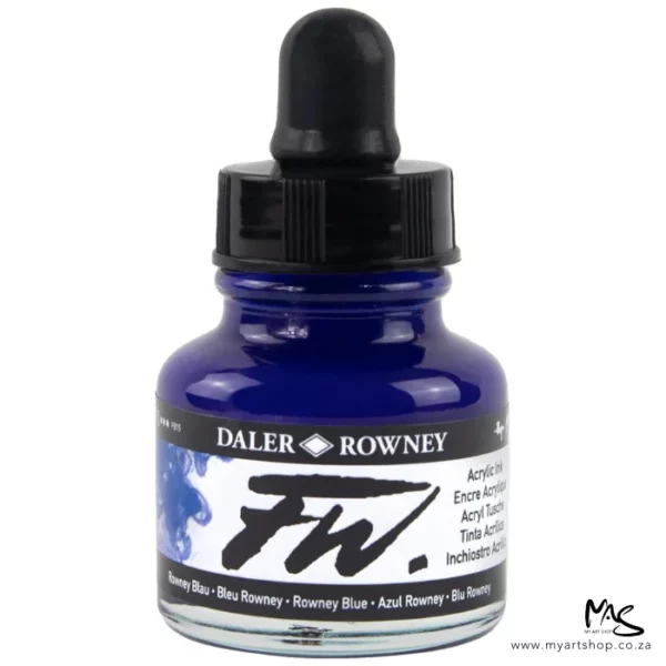 A single bottle of Rowney Blue Daler Rowney FW Acrylic Ink can be seen in the center of the frame. The bottle is a clear glass and has a white label around the body of the bottle with black text. The text describes the colour of the ink and there is the brand name and fw logo on the label. The bottle has a black, plastic eye dropper lid. The image is on a white background.