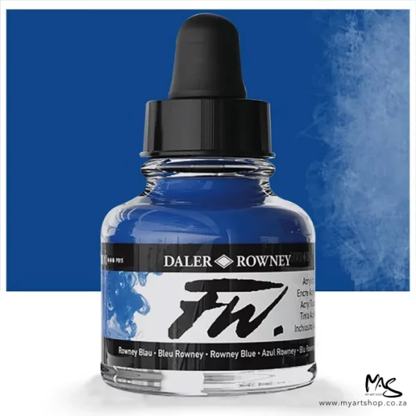 A single bottle of Rowney Blue Daler Rowney FW Acrylic Ink can be seen in the center of the frame. The bottle is a clear glass and has a white label around the body of the bottle with black text. The text describes the colour of the ink and there is the brand name and fw logo on the label. The bottle has a black, plastic eye dropper lid. There is a colour block rectangle in the background, behind the bottle, which shows the colour of the ink. There is a slight shadow at the base of the bottle.