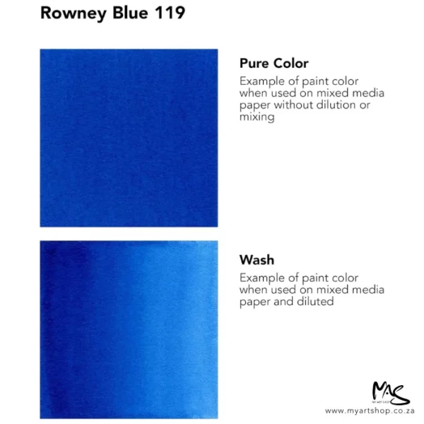 A colour chart for Rowney Blue Daler Rowney FW Acrylic Ink. There are two colour block squares along the left hand side of the frame with text to the right of each square. The name of the colour is shown at the top of the frame. On a white background.