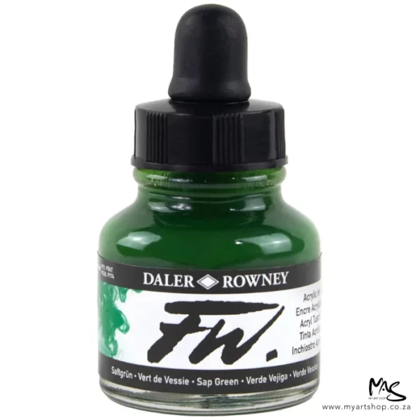 A single bottle of Sap Green Daler Rowney FW Acrylic Ink can be seen in the center of the frame. The bottle is a clear glass and has a white label around the body of the bottle with black text. The text describes the colour of the ink and there is the brand name and fw logo on the label. The bottle has a black, plastic eye dropper lid. The image is on a white background.