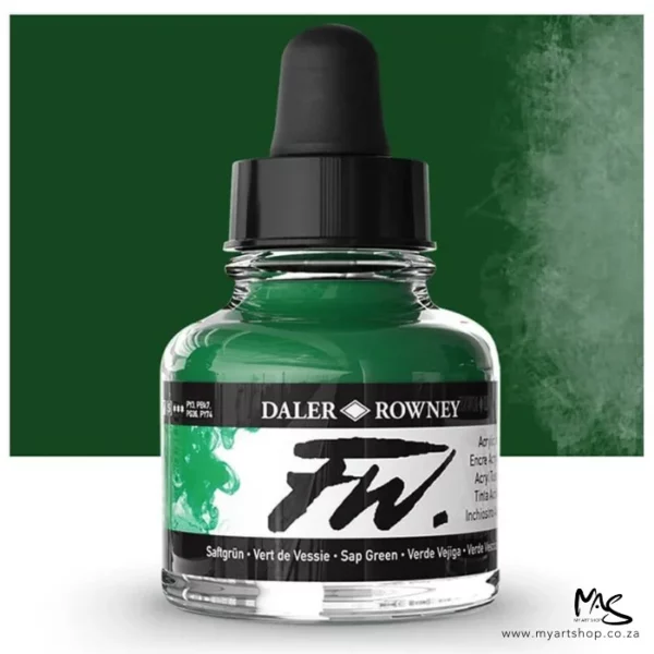 A single bottle of Sap Green Daler Rowney FW Acrylic Ink can be seen in the center of the frame. The bottle is a clear glass and has a white label around the body of the bottle with black text. The text describes the colour of the ink and there is the brand name and fw logo on the label. The bottle has a black, plastic eye dropper lid. There is a colour block rectangle in the background, behind the bottle, which shows the colour of the ink. There is a slight shadow at the base of the bottle.