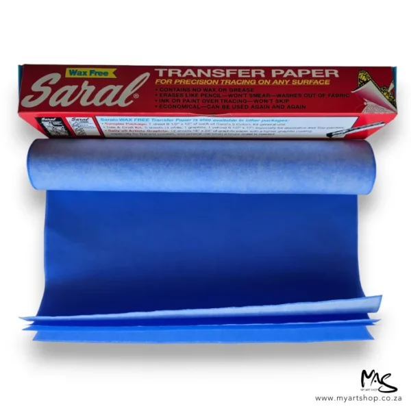 A long rectangular box is shown at an angle behind a roll of Saral Wax Free Transfer Paper Roll Blue. The transfer roll is slightly unwound and is blue on white side and white on the other. The image is center of the frame and on a white background.