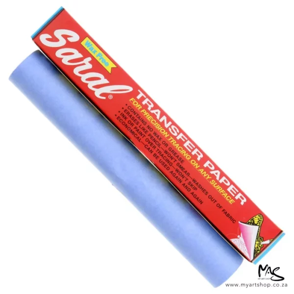 A long rectangular box is shown at an angle behind a roll of Saral Wax Free Transfer Paper Roll Blue. The transfer roll is slightly unwound and is blue on white side and white on the other. The image is center of the frame and on a white background.