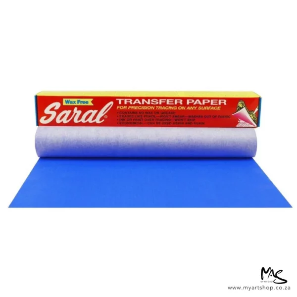 A long rectangular box is shown at an angle behind a roll of Saral Wax Free Transfer Paper Roll Blue. The transfer roll is slightly unwound and is blue on white side and white on the other. The image is center of the frame and on a white background.