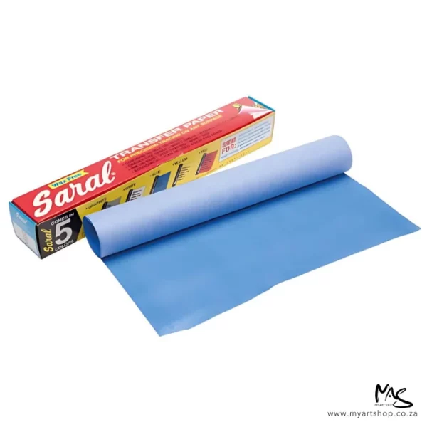 A long rectangular box is shown at an angle behind a roll of Saral Wax Free Transfer Paper Roll Blue. The transfer roll is slightly unwound and is blue on white side and white on the other. The image is center of the frame and on a white background.