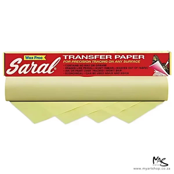A long rectangular box is shown at an angle behind a roll of Saral Wax Free Transfer Paper Roll Yellow. The transfer roll is slightly unwound and is blue on white side and white on the other. The image is center of the frame and on a white background.