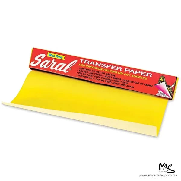 A long rectangular box is shown at an angle behind a roll of Saral Wax Free Transfer Paper Roll Yellow. The transfer roll is slightly unwound and is blue on white side and white on the other. The image is center of the frame and on a white background.