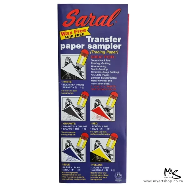 A single pack of Saral Wax Free Transfer Paper Sampler Pack can be seen in the center of the frame vertically. The packaging is blue cardboard with print and images showing the different coloured papers and their uses.