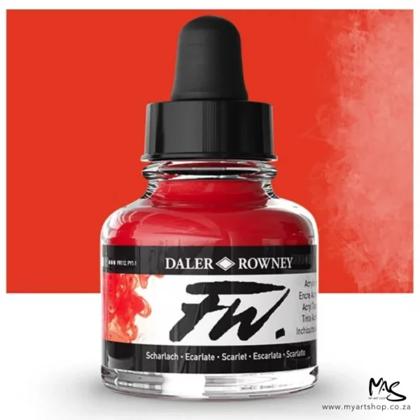 A single bottle of Scarlet Daler Rowney FW Acrylic Ink can be seen in the center of the frame. The bottle is a clear glass and has a white label around the body of the bottle with black text. The text describes the colour of the ink and there is the brand name and fw logo on the label. The bottle has a black, plastic eye dropper lid. There is a colour block rectangle in the background, behind the bottle, which shows the colour of the ink. There is a slight shadow at the base of the bottle.