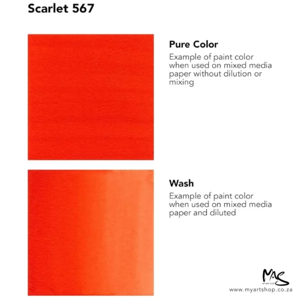 A colour chart for Scarlet Daler Rowney FW Acrylic Ink. There are two colour block squares along the left hand side of the frame with text to the right of each square. The name of the colour is shown at the top of the frame. On a white background.