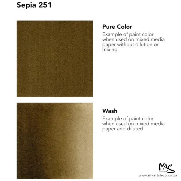 A colour chart for Sepia Daler Rowney FW Acrylic Ink. There are two colour block squares along the left hand side of the frame with text to the right of each square. The name of the colour is shown at the top of the frame. On a white background.