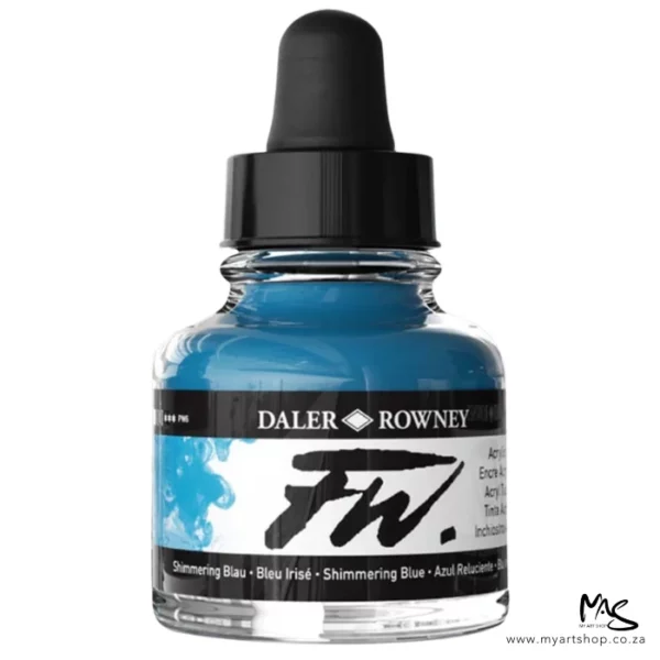 A single bottle of Shimmering Blue Daler Rowney FW Acrylic Ink can be seen in the center of the frame. The bottle is a clear glass and has a white label around the body of the bottle with black text. The text describes the colour of the ink and there is the brand name and fw logo on the label. The bottle has a black, plastic eye dropper lid. The image is on a white background.