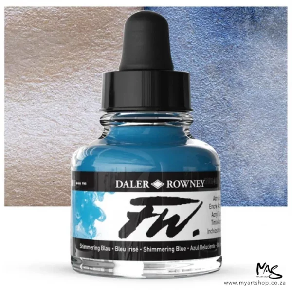 A single bottle of Shimmering Blue Daler Rowney FW Acrylic Ink can be seen in the center of the frame. The bottle is a clear glass and has a white label around the body of the bottle with black text. The text describes the colour of the ink and there is the brand name and fw logo on the label. The bottle has a black, plastic eye dropper lid. There is a colour block rectangle in the background, behind the bottle, which shows the colour of the ink. There is a slight shadow at the base of the bottle.
