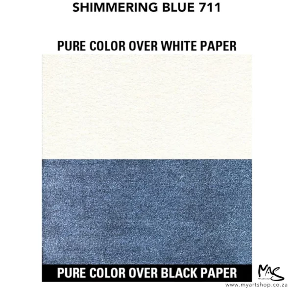There is a colour swatch of the Shimmering Blue Daler Rowney FW Acrylic Ink in the frame, The top is showing the ink on a white background, and the bottom half of the frame is showing the ink on a black background.