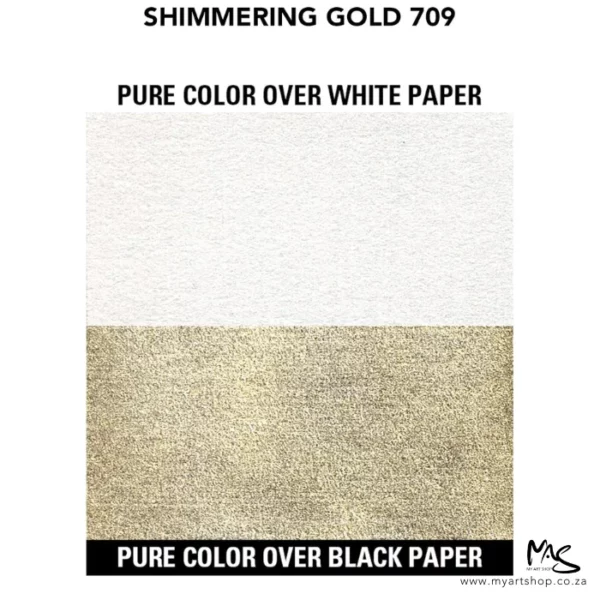 There is a colour swatch of the Shimmering Gold Daler Rowney FW Acrylic Ink in the frame, The top is showing the ink on a white background, and the bottom half of the frame is showing the ink on a black background.