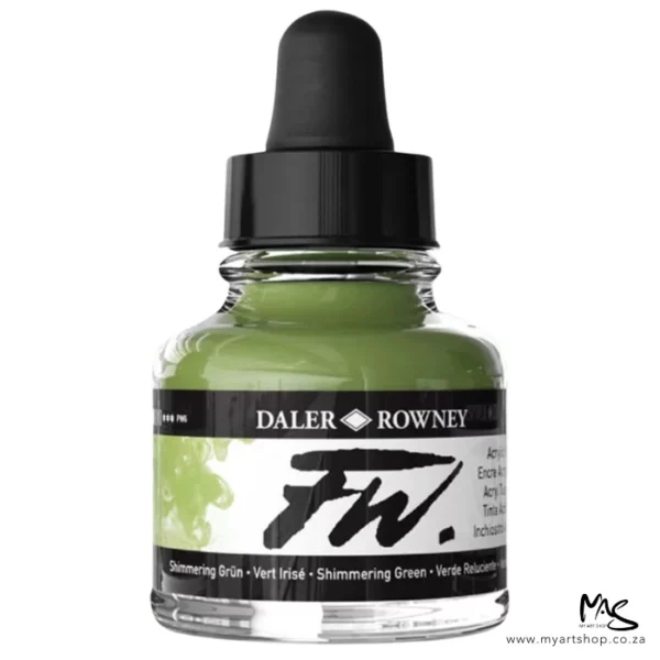 A single bottle of Shimmering Green Daler Rowney FW Acrylic Ink can be seen in the center of the frame. The bottle is a clear glass and has a white label around the body of the bottle with black text. The text describes the colour of the ink and there is the brand name and fw logo on the label. The bottle has a black, plastic eye dropper lid. The image is on a white background.
