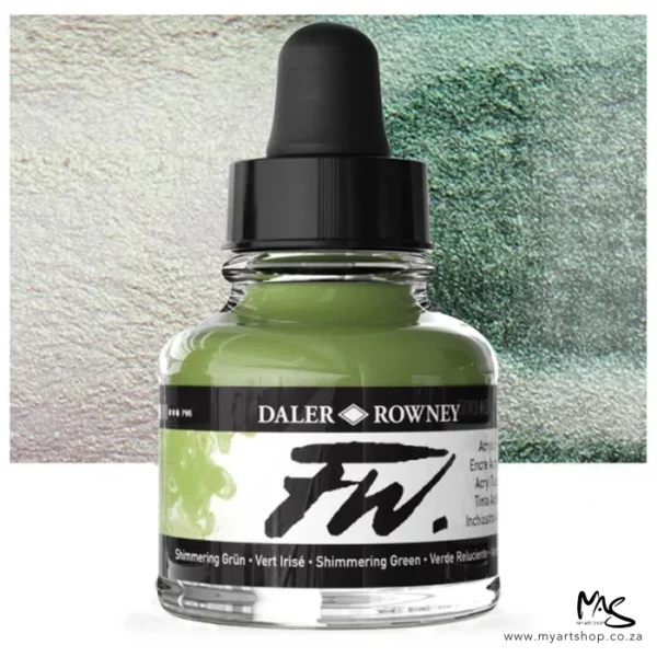 A single bottle of Shimmering Green Daler Rowney FW Acrylic Ink can be seen in the center of the frame. The bottle is a clear glass and has a white label around the body of the bottle with black text. The text describes the colour of the ink and there is the brand name and fw logo on the label. The bottle has a black, plastic eye dropper lid. There is a colour block rectangle in the background, behind the bottle, which shows the colour of the ink. There is a slight shadow at the base of the bottle.
