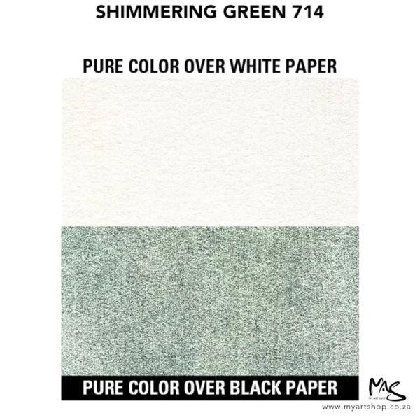 There is a colour swatch of the Shimmering Green Daler Rowney FW Acrylic Ink in the frame, The top is showing the ink on a white background, and the bottom half of the frame is showing the ink on a black background.