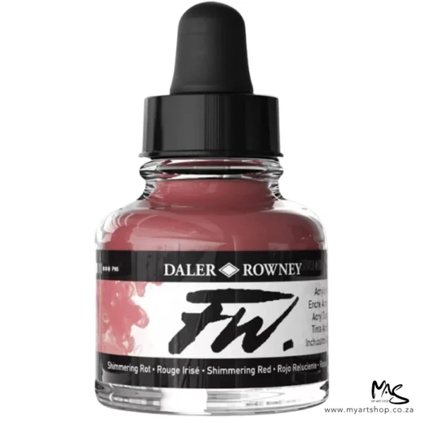 A single bottle of Shimmering Red Daler Rowney FW Acrylic Ink can be seen in the center of the frame. The bottle is a clear glass and has a white label around the body of the bottle with black text. The text describes the colour of the ink and there is the brand name and fw logo on the label. The bottle has a black, plastic eye dropper lid. The image is on a white background.