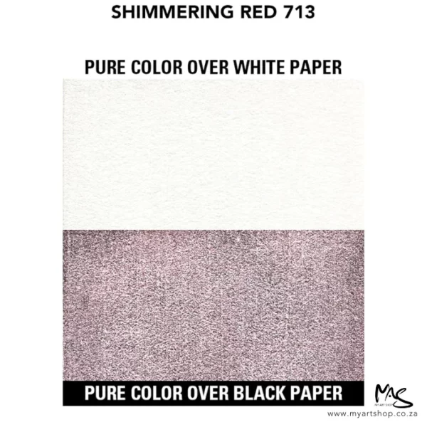 There is a colour swatch of the Shimmering Red Daler Rowney FW Acrylic Ink in the frame, The top is showing the ink on a white background, and the bottom half of the frame is showing the ink on a black background.