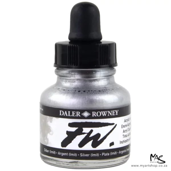 A single bottle of Silver Imitation Daler Rowney FW Acrylic Ink can be seen in the center of the frame. The bottle is a clear glass and has a white label around the body of the bottle with black text. The text describes the colour of the ink and there is the brand name and fw logo on the label. The bottle has a black, plastic eye dropper lid. The image is on a white background.