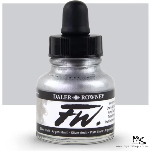 A single bottle of Silver Imitation Daler Rowney FW Acrylic Ink can be seen in the center of the frame. The bottle is a clear glass and has a white label around the body of the bottle with black text. The text describes the colour of the ink and there is the brand name and fw logo on the label. The bottle has a black, plastic eye dropper lid. There is a colour block rectangle in the background, behind the bottle, which shows the colour of the ink. There is a slight shadow at the base of the bottle.