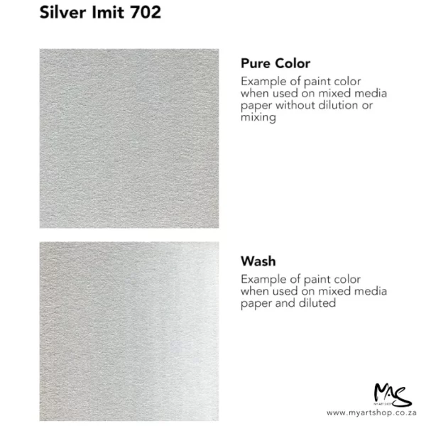 A colour chart for Silver Imitation Daler Rowney FW Acrylic Ink. There are two colour block squares along the left hand side of the frame with text to the right of each square. The name of the colour is shown at the top of the frame. On a white background.