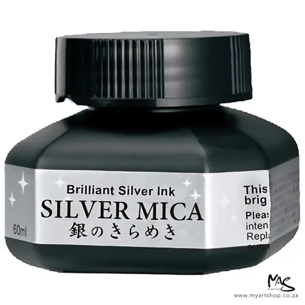 A single bottle of Silver Kuretake Mica Ink can be seen in the center of the frame. The bottle is frosted plastic and has a black plastic screw on lid. There is a label around the body of the bottle with the product name. You can see the coloured ink through the bottle. The image is on a white background.