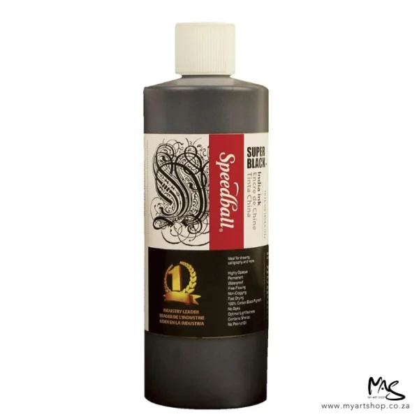 A bottle of Super Black Speedball Acrylic Ink 480ml is shown in the center of the frame vertically. The bottle is clear plastic with a white plastic lid. There is a label around the body of the bottle. The image is center of the frame and on a white background. The front of the bottle is shown.