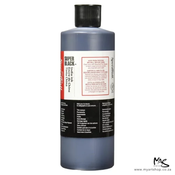 A bottle of Super Black Speedball Acrylic Ink 480ml is shown in the center of the frame vertically. The bottle is clear plastic with a white plastic lid. There is a label around the body of the bottle. The image is center of the frame and on a white background. The back of the bottle is shown.