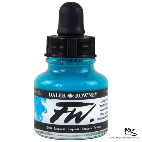 A single bottle of Turquoise Daler Rowney FW Acrylic Ink can be seen in the center of the frame. The bottle is a clear glass and has a white label around the body of the bottle with black text. The text describes the colour of the ink and there is the brand name and fw logo on the label. The bottle has a black, plastic eye dropper lid. The image is on a white background.