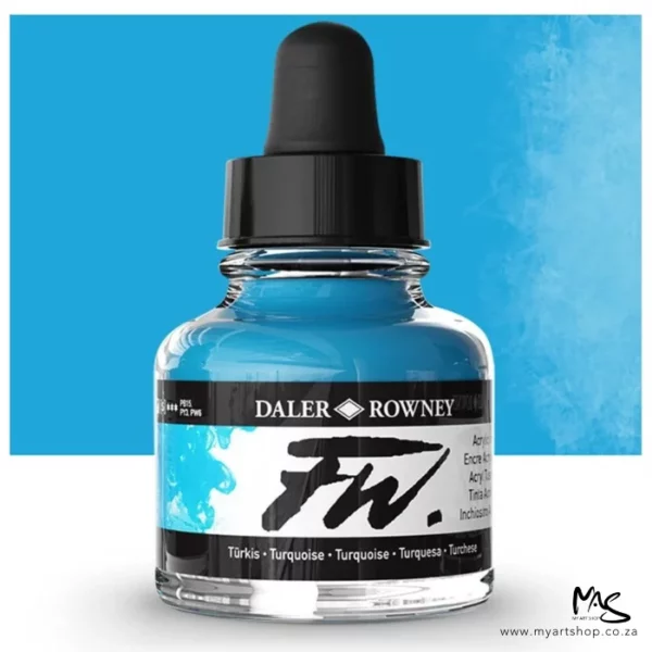 A single bottle of Turquoise Daler Rowney FW Acrylic Ink can be seen in the center of the frame. The bottle is a clear glass and has a white label around the body of the bottle with black text. The text describes the colour of the ink and there is the brand name and fw logo on the label. The bottle has a black, plastic eye dropper lid. There is a colour block rectangle in the background, behind the bottle, which shows the colour of the ink. There is a slight shadow at the base of the bottle.