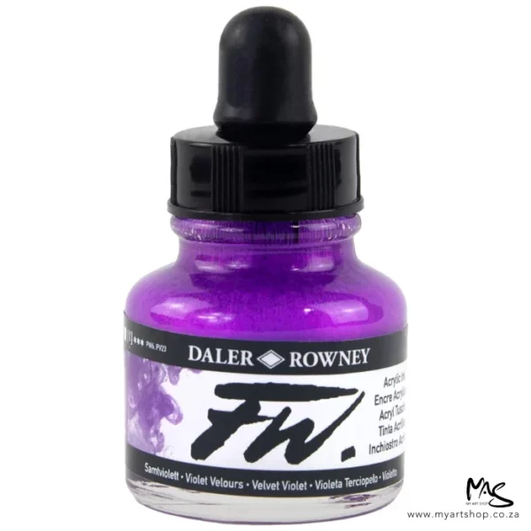A single bottle of Velvet Violet Daler Rowney FW Acrylic Ink can be seen in the center of the frame. The bottle is a clear glass and has a white label around the body of the bottle with black text. The text describes the colour of the ink and there is the brand name and fw logo on the label. The bottle has a black, plastic eye dropper lid. The image is on a white background.
