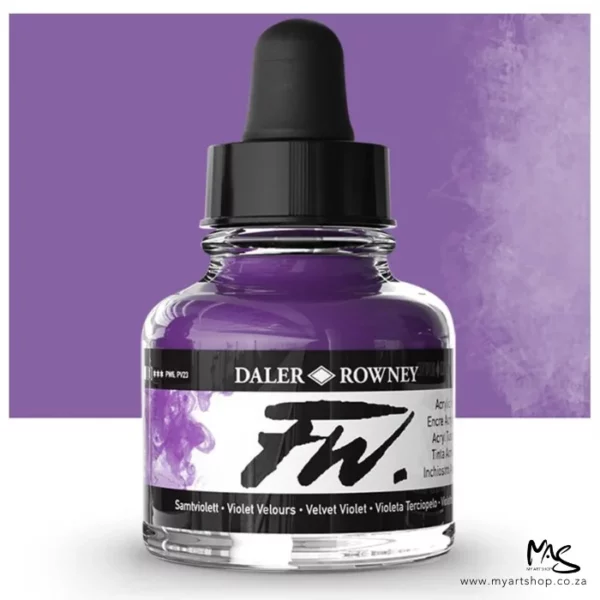 A single bottle of Velvet Violet Daler Rowney FW Acrylic Ink can be seen in the center of the frame. The bottle is a clear glass and has a white label around the body of the bottle with black text. The text describes the colour of the ink and there is the brand name and fw logo on the label. The bottle has a black, plastic eye dropper lid. There is a colour block rectangle in the background, behind the bottle, which shows the colour of the ink. There is a slight shadow at the base of the bottle.