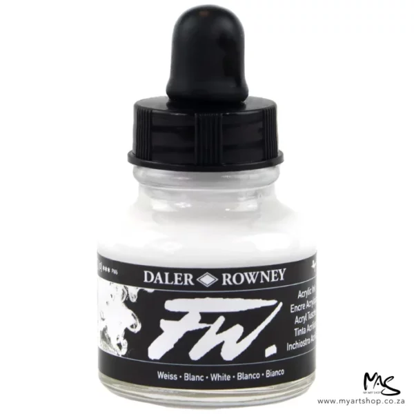 A single bottle of White Daler Rowney FW Acrylic Ink can be seen in the center of the frame. The bottle is a clear glass and has a white label around the body of the bottle with black text. The text describes the colour of the ink and there is the brand name and fw logo on the label. The bottle has a black, plastic eye dropper lid. The image is on a white background.