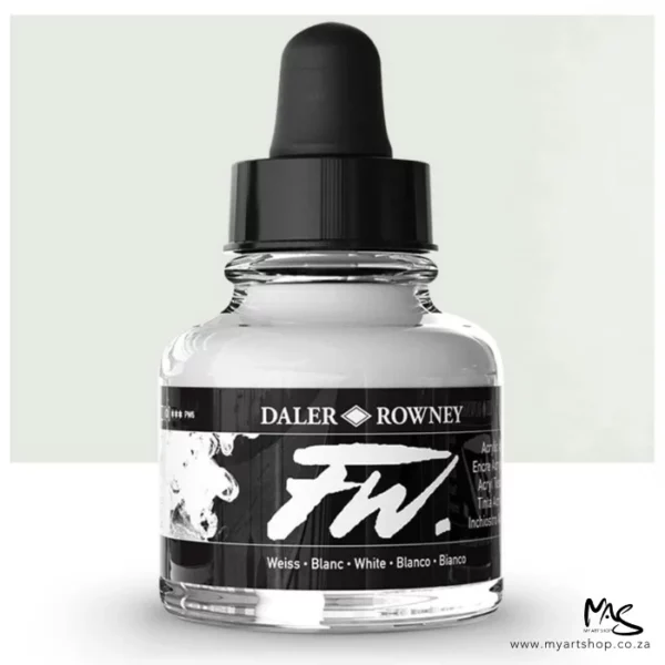 A single bottle of White Daler Rowney FW Acrylic Ink can be seen in the center of the frame. The bottle is a clear glass and has a white label around the body of the bottle with black text. The text describes the colour of the ink and there is the brand name and fw logo on the label. The bottle has a black, plastic eye dropper lid. There is a colour block rectangle in the background, behind the bottle, which shows the colour of the ink. There is a slight shadow at the base of the bottle.